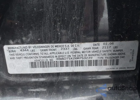 2006 Volkswagen Jetta Gli Option Package 1 z USA, uszkodzony, nr VIN 3VWWJ71K26M753239